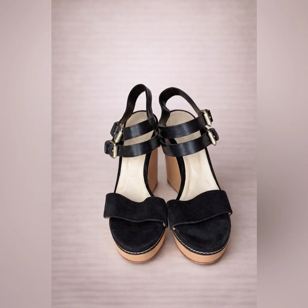 Chloe Black and Tan Wedge Sandals